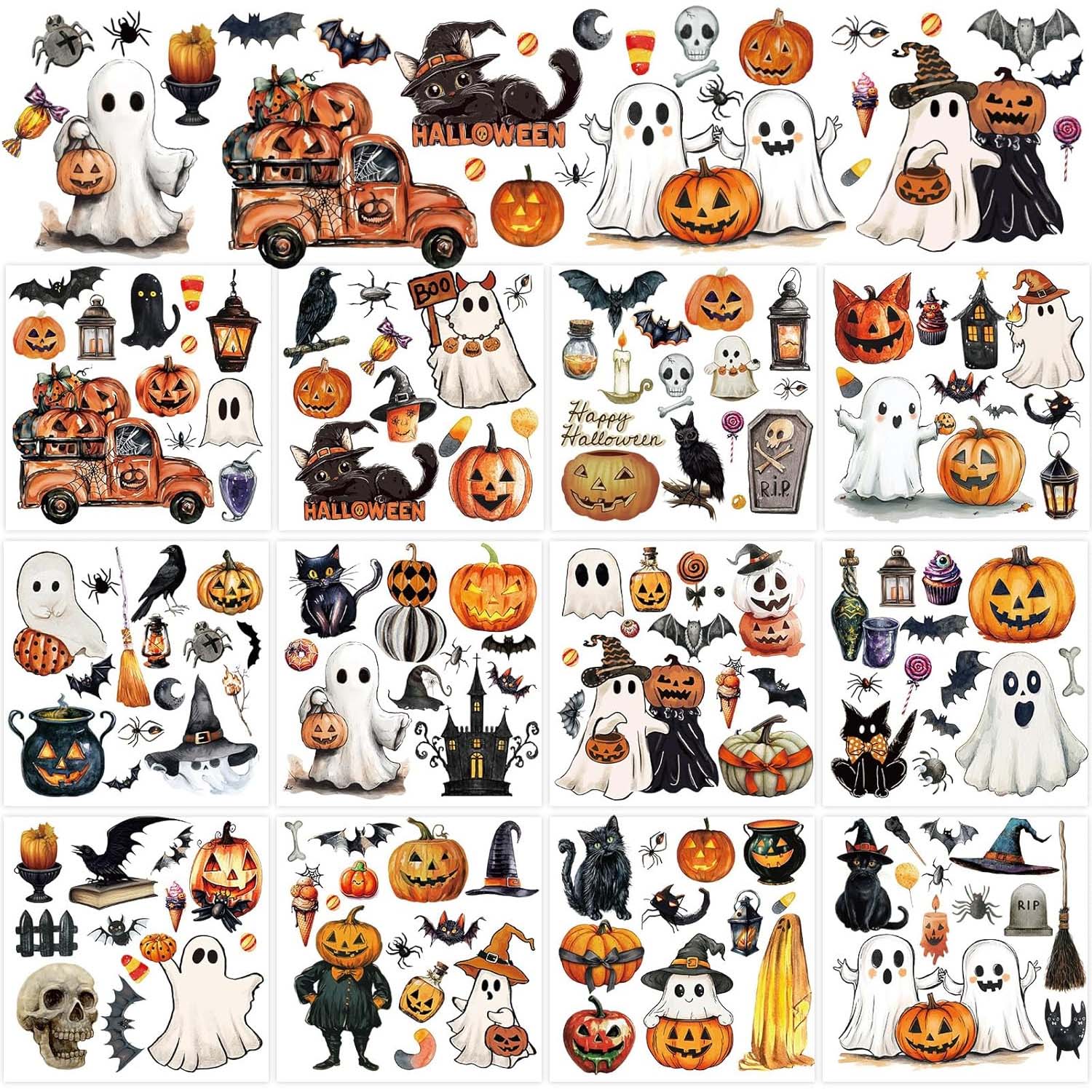 12 Sheets Halloween Rub on Transfer for Crafts Pumpkin Ghost Black Cat Rub on Transfer Stickers Vintage Furniture Decals for DIY Crafts, 5.5 x 5.5 Inch