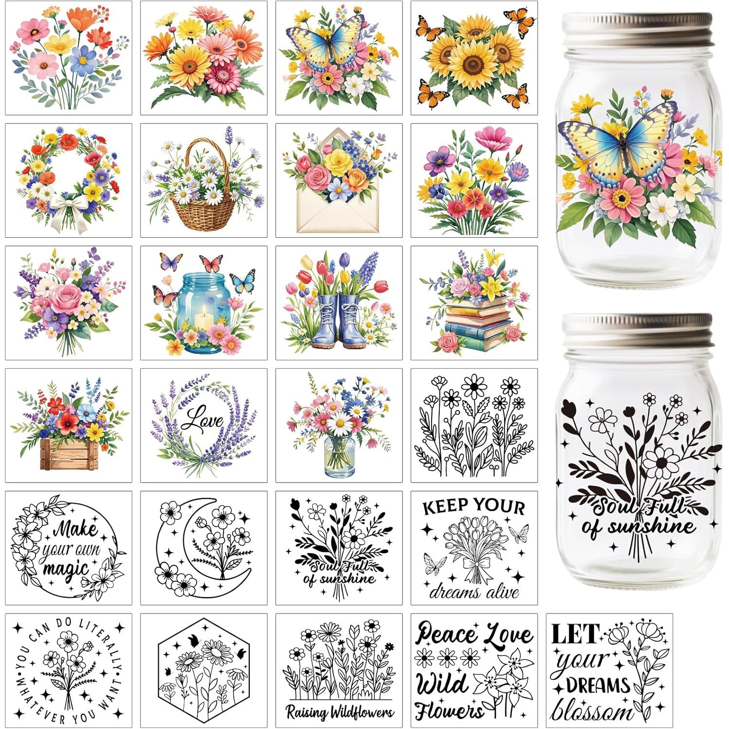 25Pcs Wildflower Silhouette Cutouts Stickers for Crafts, Silhouette Stickers Decals for Jars Mason Can Glass Wall Window Lantern Christmas Room Door Office Home DIY Crafts